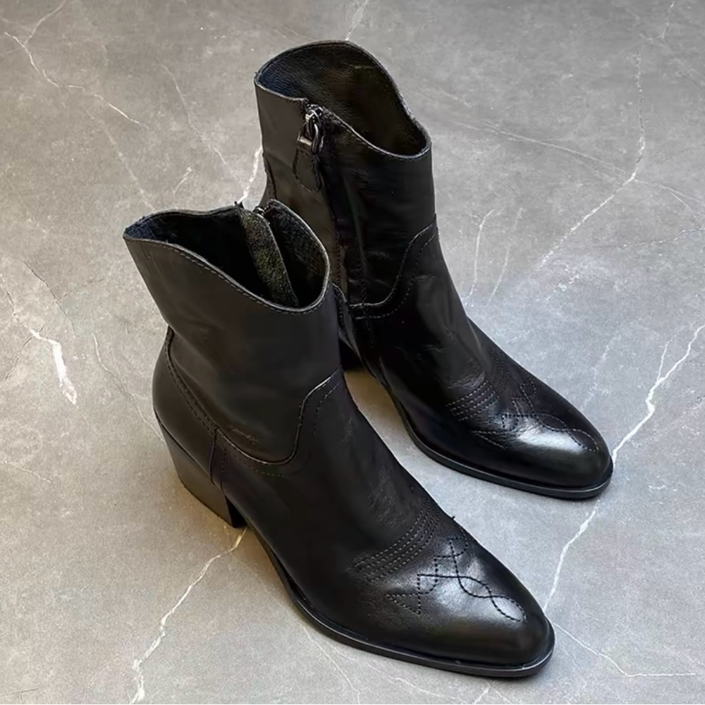 Black leather western style cowboy ankle boots
